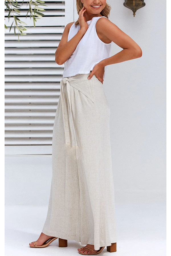 Day By Day Linen Blend Tie Elastic Waistband Wide Leg Pants