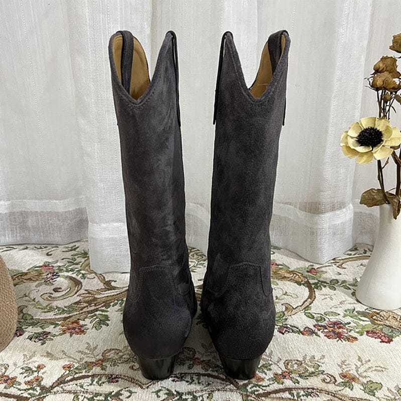 Womens Western Suede Mid Calf Boots Block Heel - Khaki/Black/Grey/Brown Cowgirl Boots All Genuine Leather