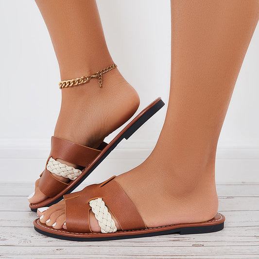 Women Flat Slide Sandals Cutout Braid Open Toe Beach Slippers