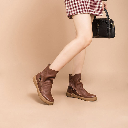 Soft Cowhide Leather Zip Boots Retro Women Chunky Ankle Boots Black/Coffee/khaki