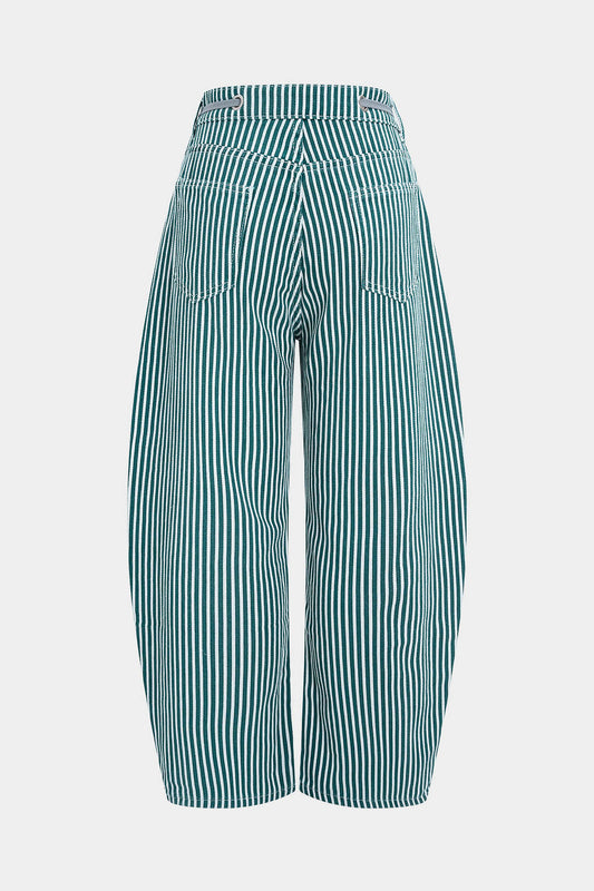 Stripe Print Pocket Drawstring Barrel Trousers