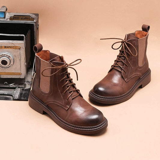 Handmade Boots Women Leather Lace-Up Oxfords Round Toe Chunky Ankle Booties