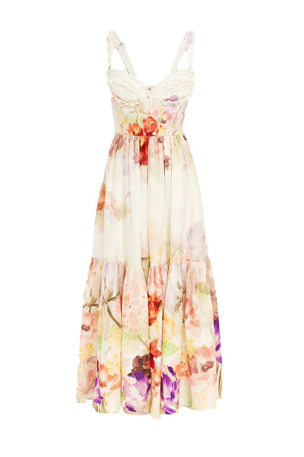 Romantic Date Floral Ruffle Detail Pocketed Corset Maxi Formal / Vacation Dress