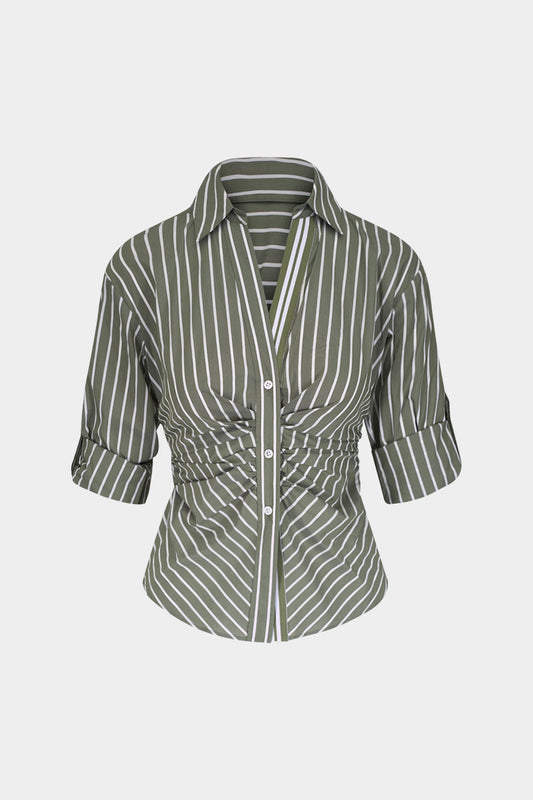 Stripes Print Button Ruched Short-Sleeve Shirt