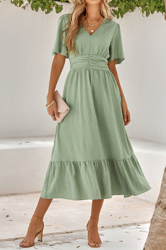 V Neck Ruffle Sleeve Long Dress