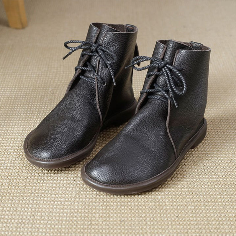 Handmade Women's Leather Booties Round Toe Lace-Up Flat Ankle Boots Brown/Black/Coffee