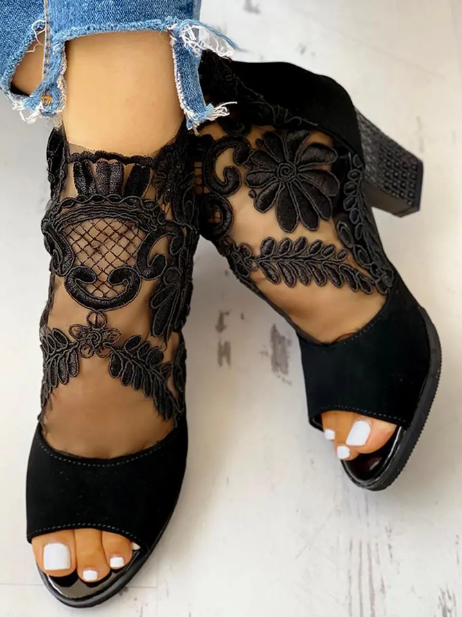 Black Floral Lace Mesh Block Heel Sandals Boots