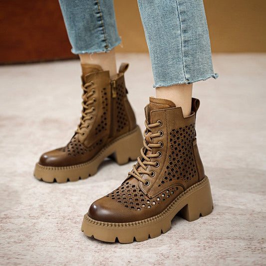Women's Ankle Booties Round Toe Design Cut Out Boots Brown/Khaki