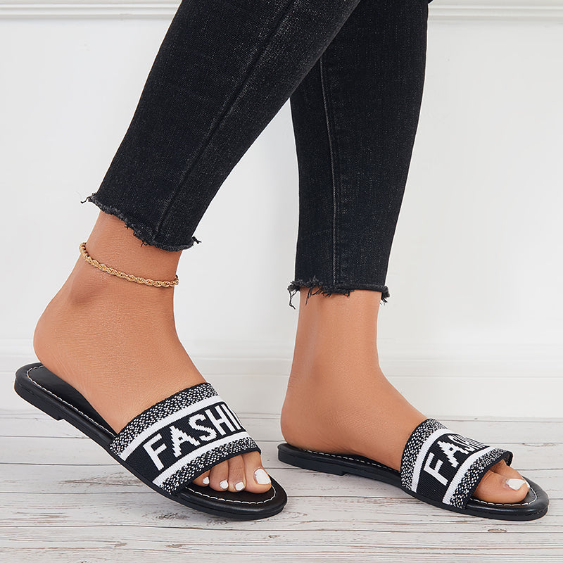 Words Print Slide Sandals Round Toe Flat Slippers