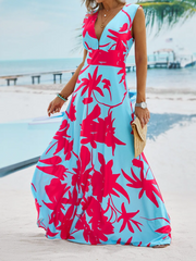 Sleeveless Magenta Floral Aqua Maxi Dress