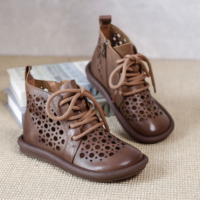 Womens Handmade Cut Out Leather Ankle Boots For Summer Lace Up in Coffee/Golden