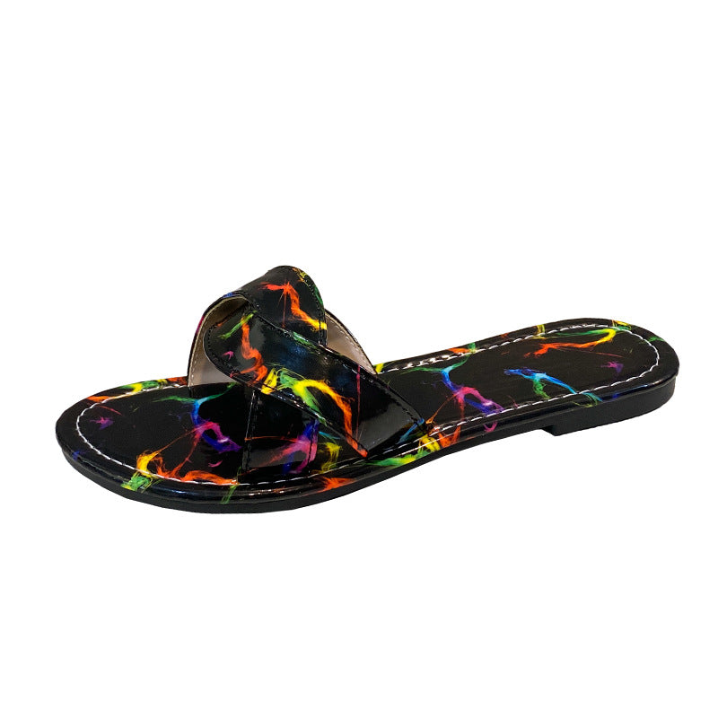 Women's Size Flat Bottom Color One-line Outdoor Cross Sandals
