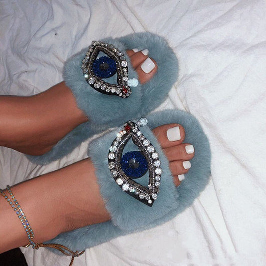 Rhinestone Eye Decor Faux Fur Comfort Slippers