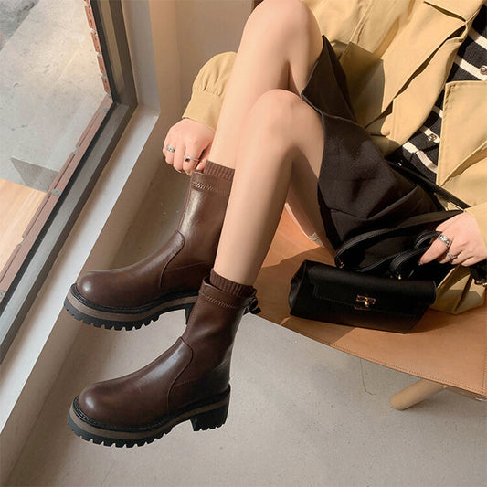 Classic Platform Chelsea Boots Handmade Genuine Leather Stretch Boots in Black/Coffee