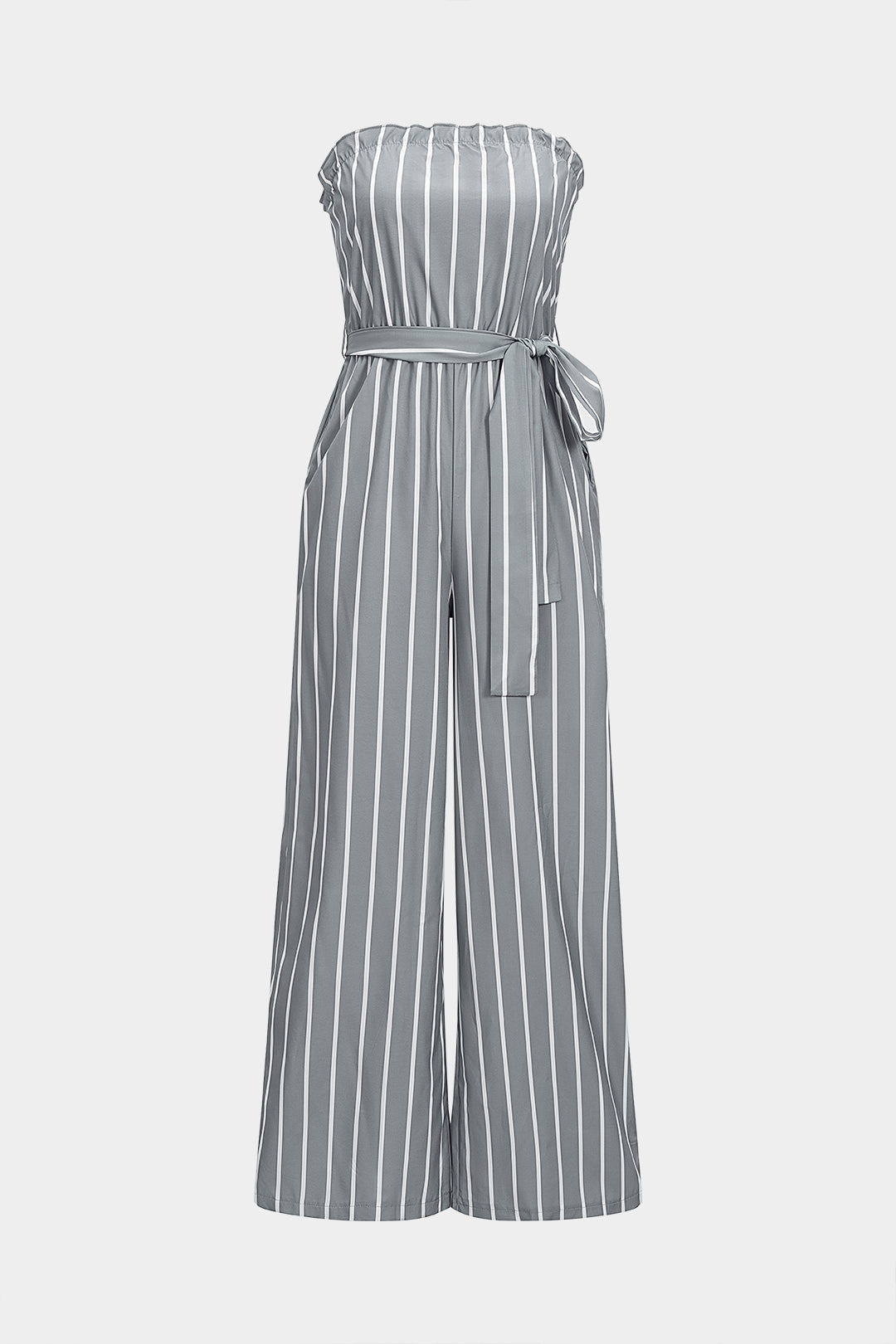 Stripes Print Tie-Up Strapless Sleeveless Jumpsuit