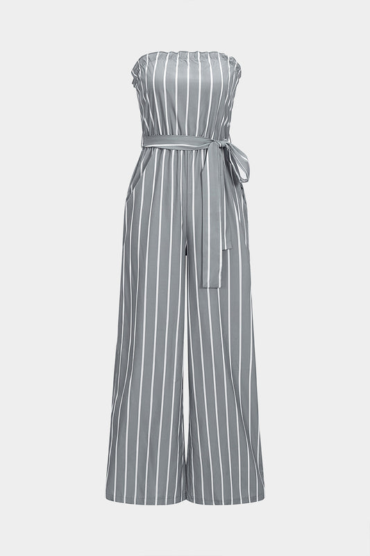 Stripes Print Tie-Up Strapless Sleeveless Jumpsuit