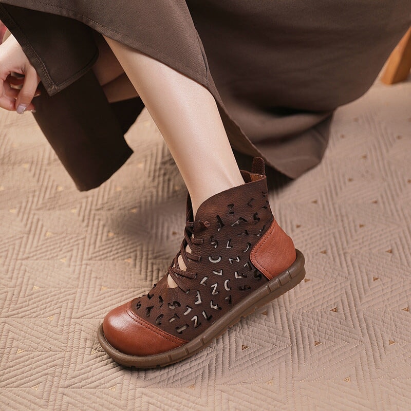 Breathable Perforated Short Boots Cut Out Summer Boots in Khaki/Coffee