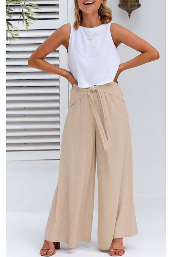 Day By Day Linen Blend Tie Elastic Waistband Wide Leg Pants