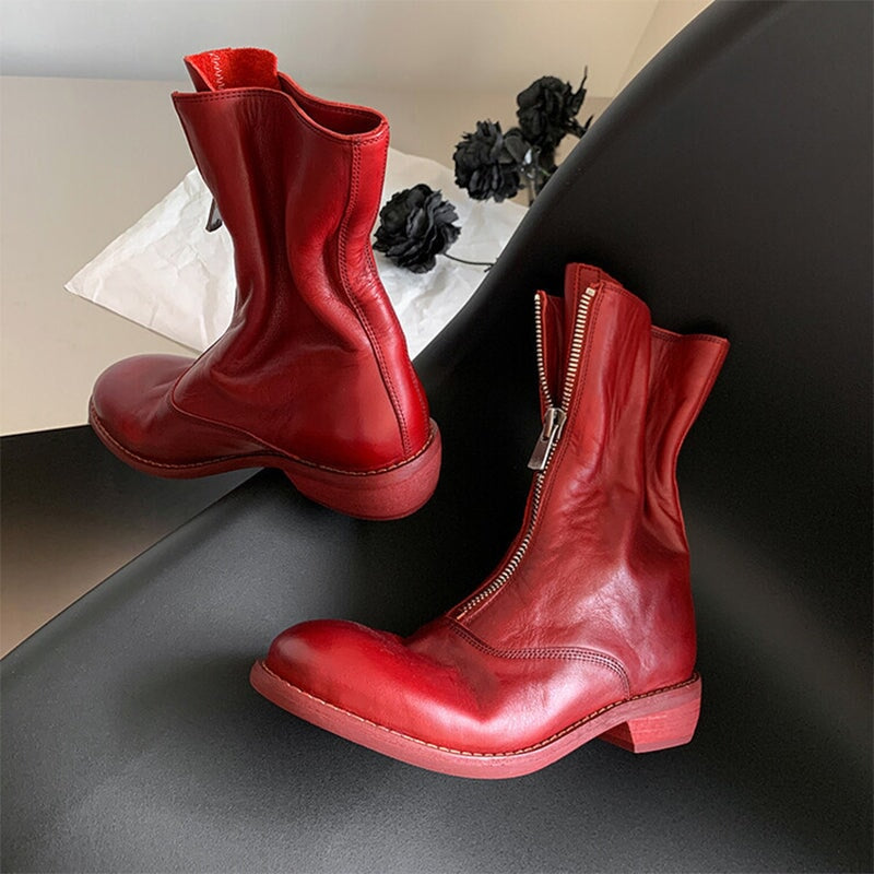 Handmade Leather Ankle Boots Comfortable Walking Round Boots Brown/Black/Red/Beige/Grey