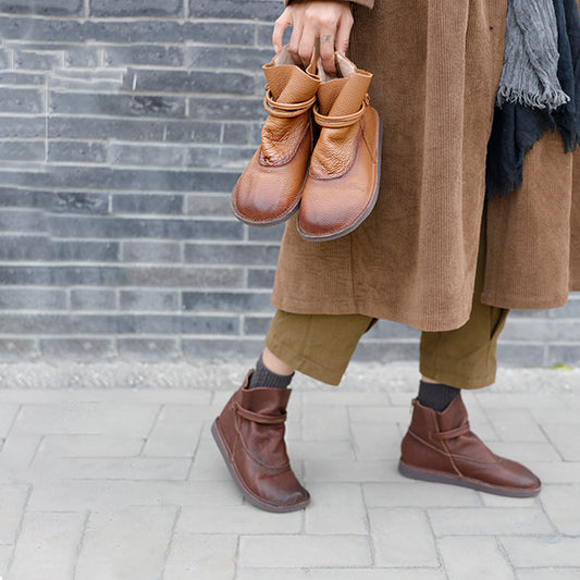 Retro Genuine Leather Soft Flat Boots For Women Round Toe Mori Girl Style Brown/Coffee