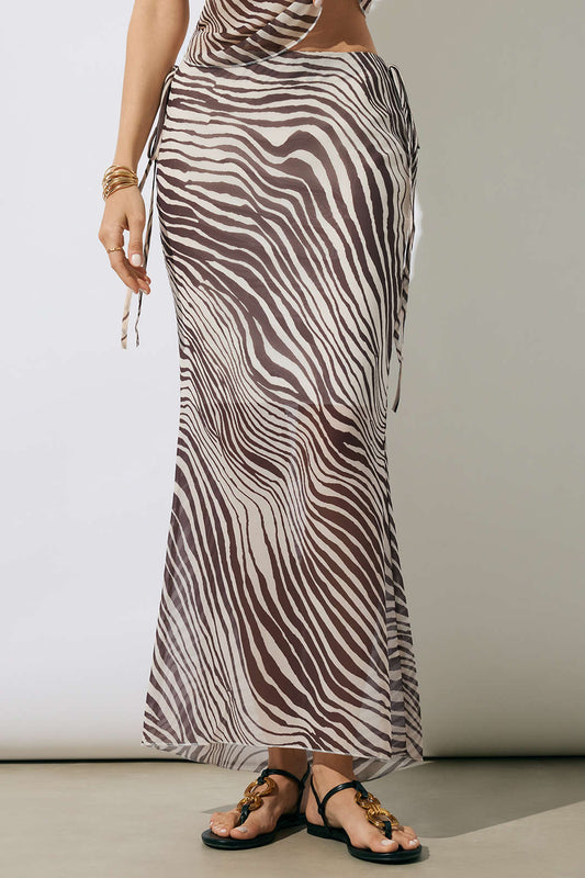 Zebra Stripe Print Chiffon Drawstring Skirt Set