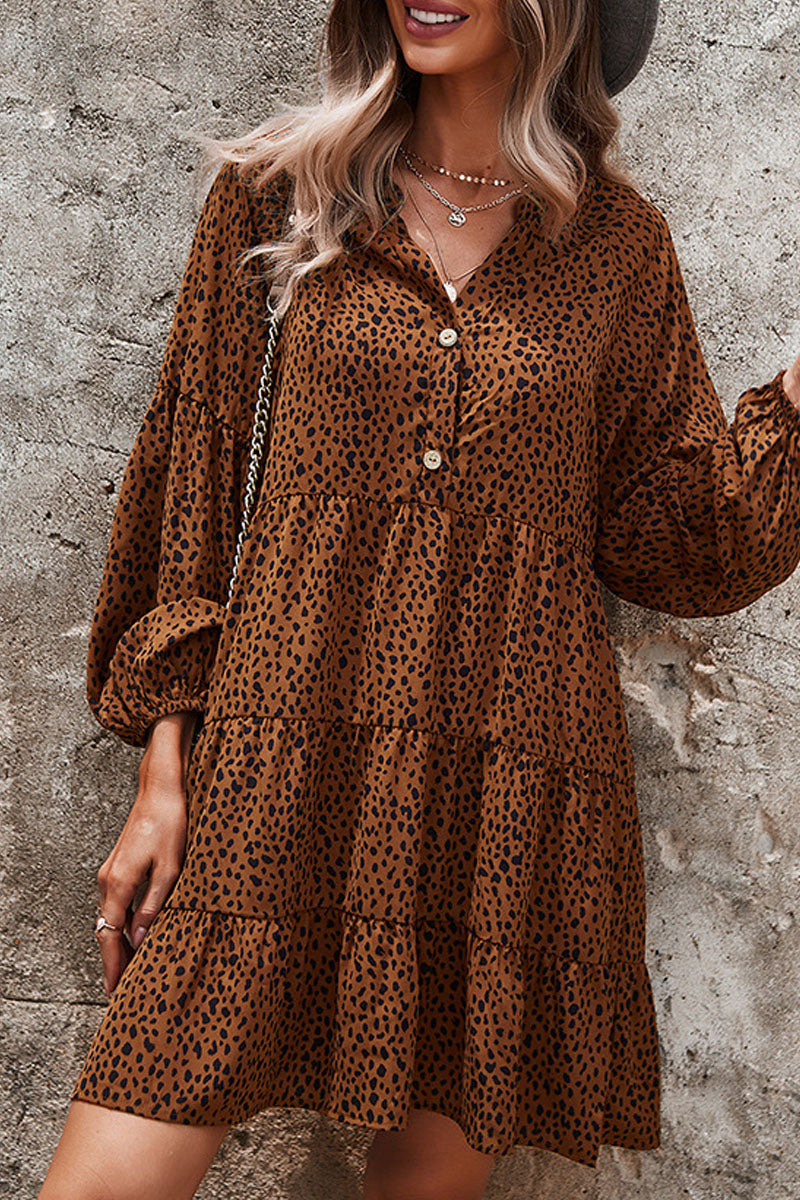 V Neck Leopard Print Button Design Loose Mini Dress