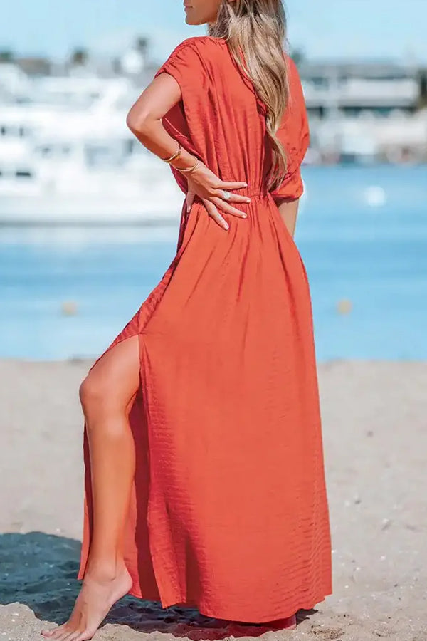 Surplice Neck Split Hem Ruched Maxi Dress