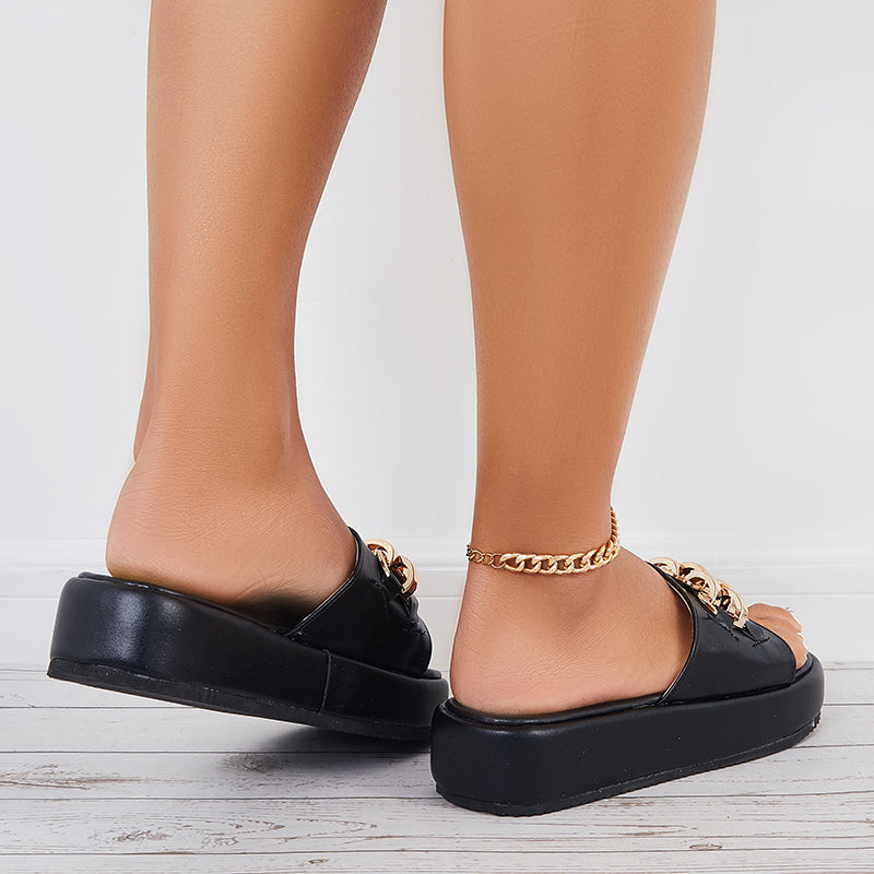 Casual Open Toe Flatform Slippers Chain Decor Platform Slide Sandals