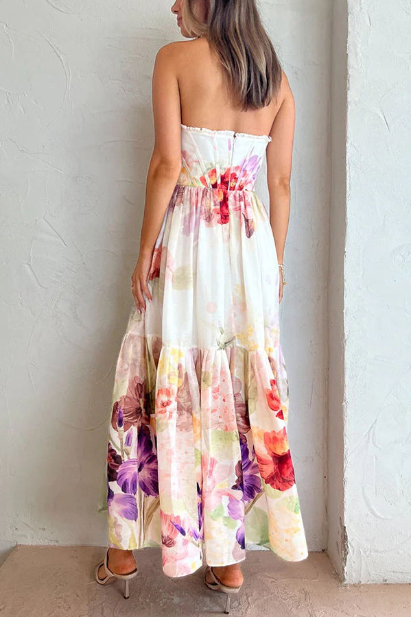 Romantic Date Floral Ruffle Detail Pocketed Corset Maxi Formal / Vacation Dress