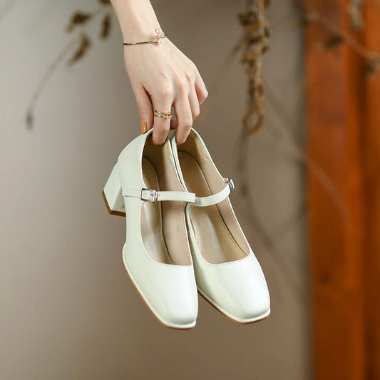 Vivalda Square Toe Block Heels Mary Jane Shoes
