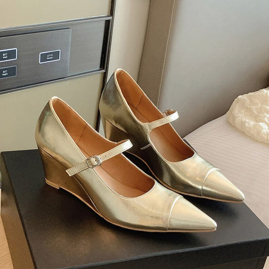Kaylia Pointy Toe Wedge Mary Jane Shoes
