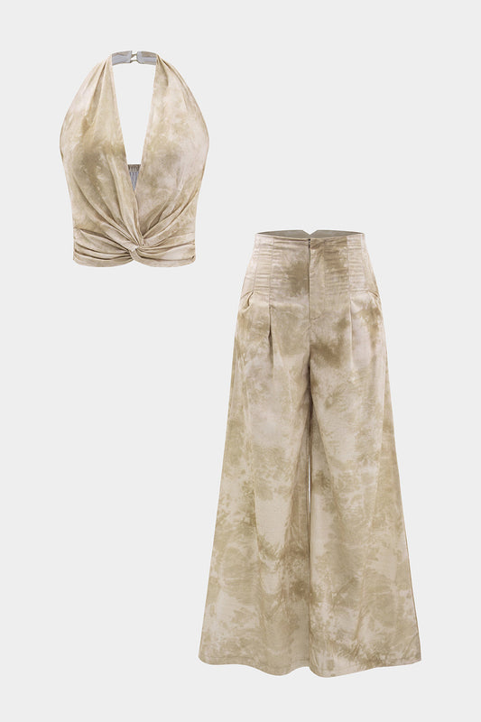 Tie Dye Linen Backless Sleeveless Halter Neck Top And High Waist Wide Leg Pants Set