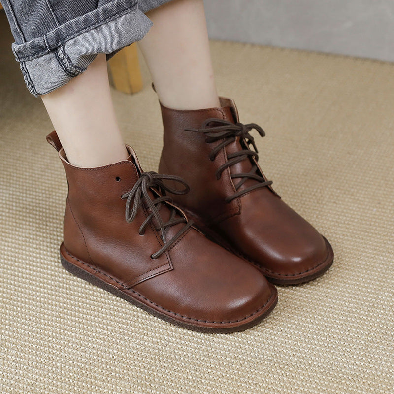 Women's Leather Booties Round Toe Lace-Up Flat Ankle Boots Handmade in Brown/Coffee