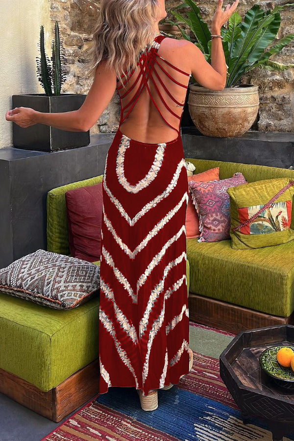 Summer of Fun Tie-dye Print Back Lace-up Stretch Maxi Dress