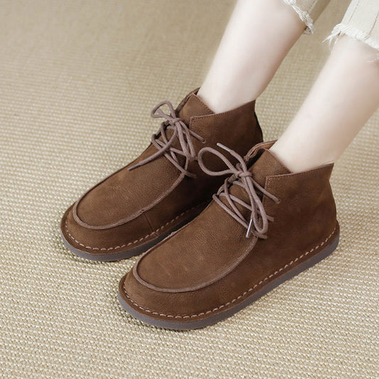 Genuine Leather Soft Flat Boots For Women Round Toe Lace Up Mori Girl Style Wide Fit Grey/Coffee