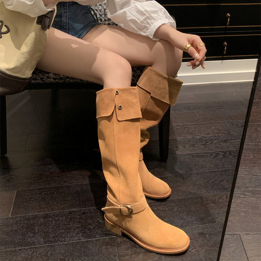 Womens Suede Leather Knee High Boots 75mm Block Heel In Black/Apricot