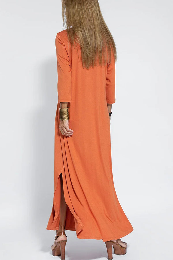 Women Casual V Neck Solid Color Maxi Dress