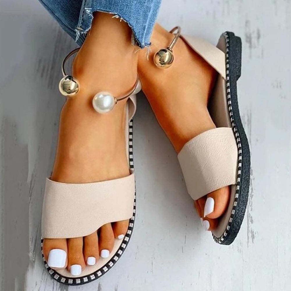 Fashion Casual Open Toe Pearl Decor Flat Sandals