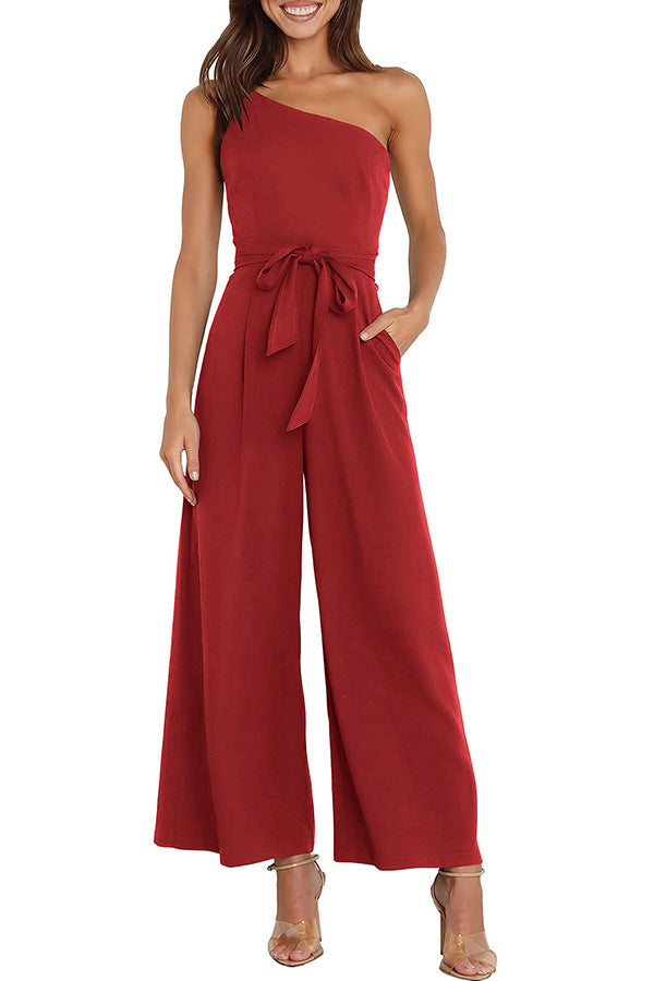 Solid color straight-through pants strapless jumpsuit