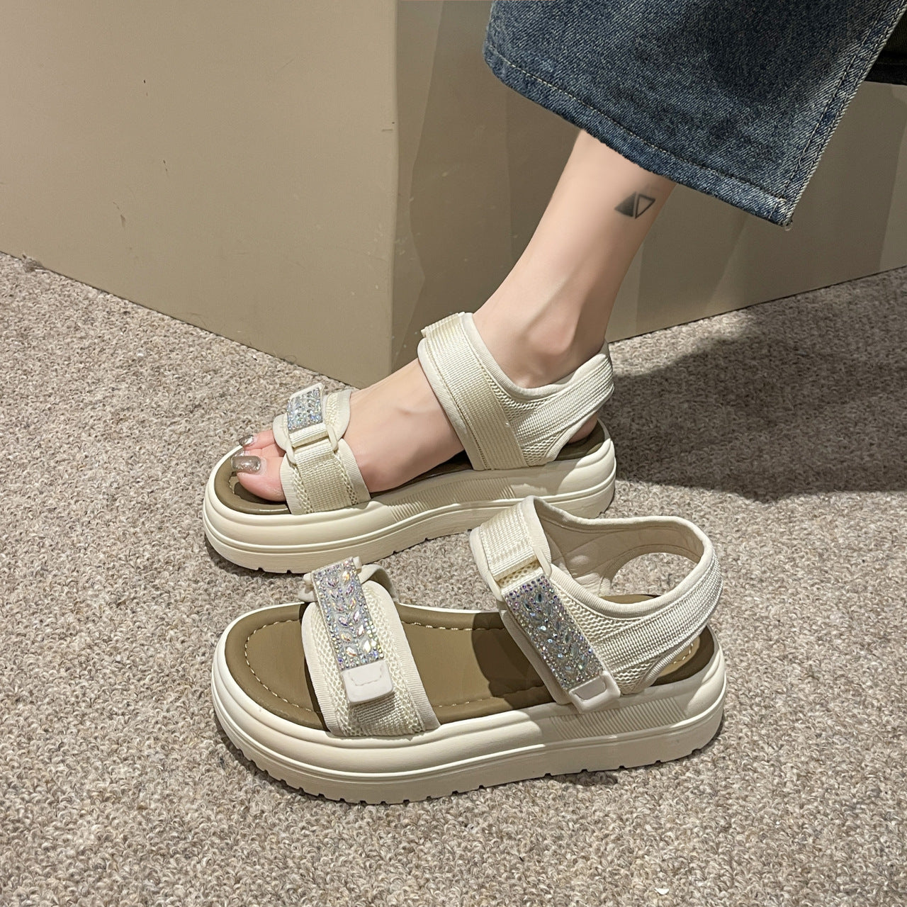 Women's Summer Velcro Rhinestone Platform Muffin Beach Sandals