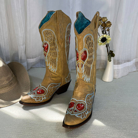 Womens Western Contrast-stitching Cowboy Boots Rivet Decorate- Khaki Cowgirl Boots All Genuine Leather