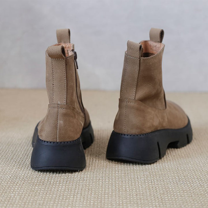 Retro Cowhide Chunky Boots Women Comfy Zip Walking Boots Gray/Apricot