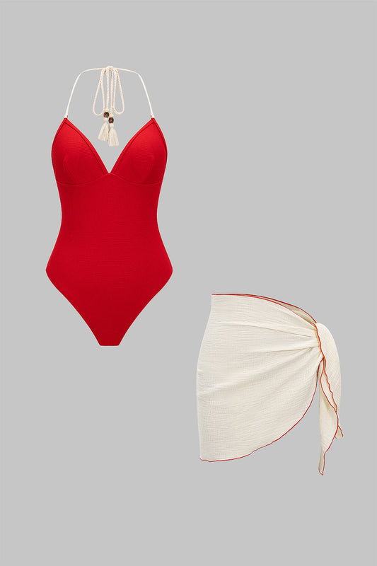 Tie-Back Halter Backless Swimwear And Ruffle Detail Cover Up Set