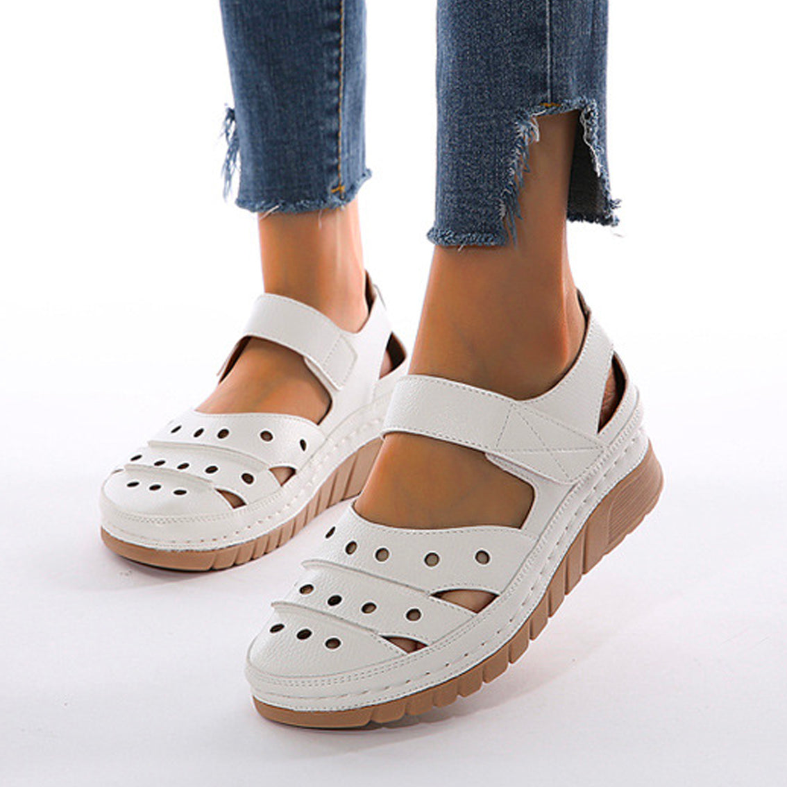 Women's Casual Platform Flat Comfort Breathable Leather Walking Shoes