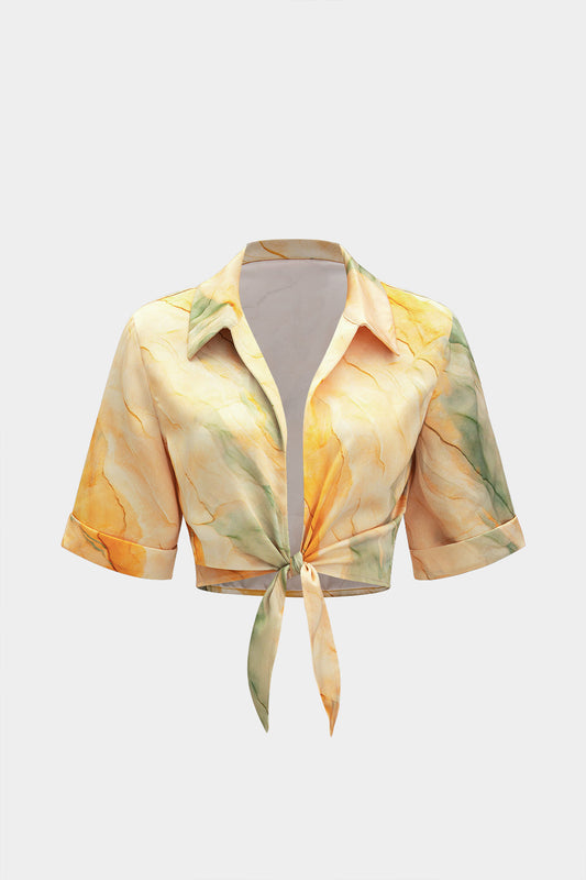 Tie Dye Print Satin Knotted Short-Sleeve Shirt
