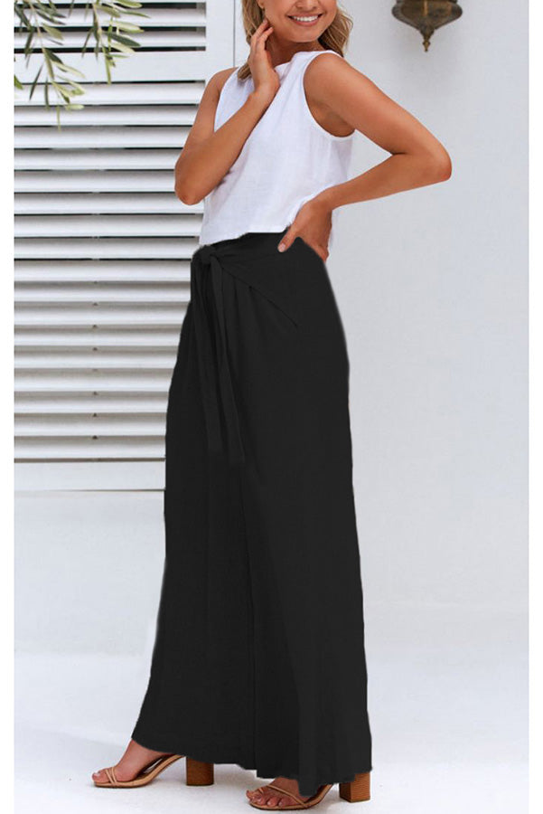 Day By Day Linen Blend Tie Elastic Waistband Wide Leg Pants