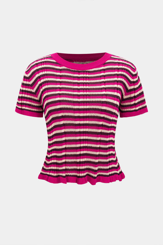 Stripes Contrast Print Knit Patchwork Short-Sleeve Top