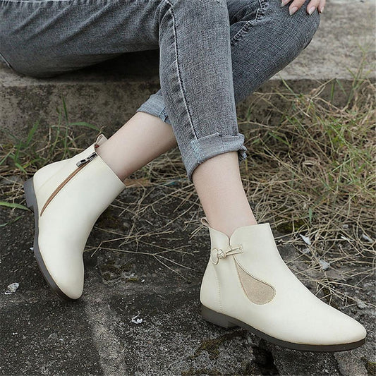 Mori Style Elegant Ankle Booties Low Heel Handmade Work Combat Boots Black/Coffee/Beige