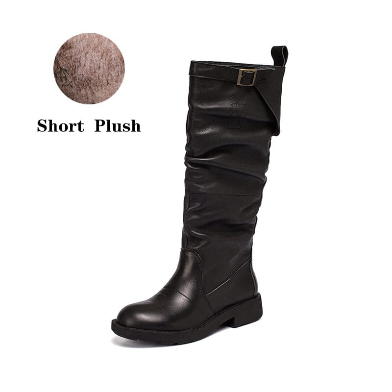 Waxing Leather Knee High Boots Fold Design Riding Boots Buckle Boots in Black/Brown
