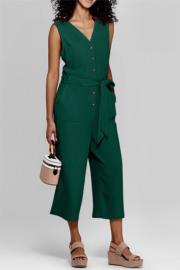 Buttoned Sleeveless Cropped Jumpsuit With Sash